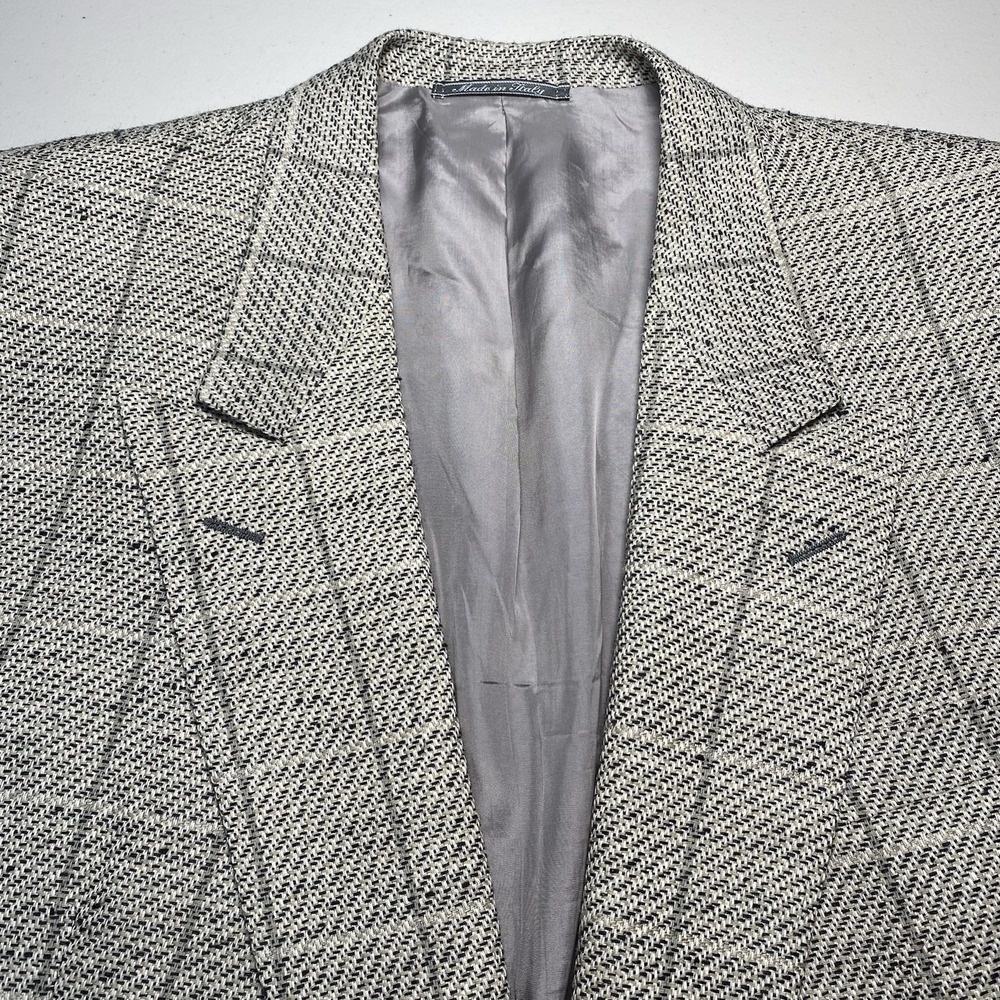 Lubiam Double Breasted Blazer 52L 4x1 Silk Wool Peak Basketweave Plaid Stripe